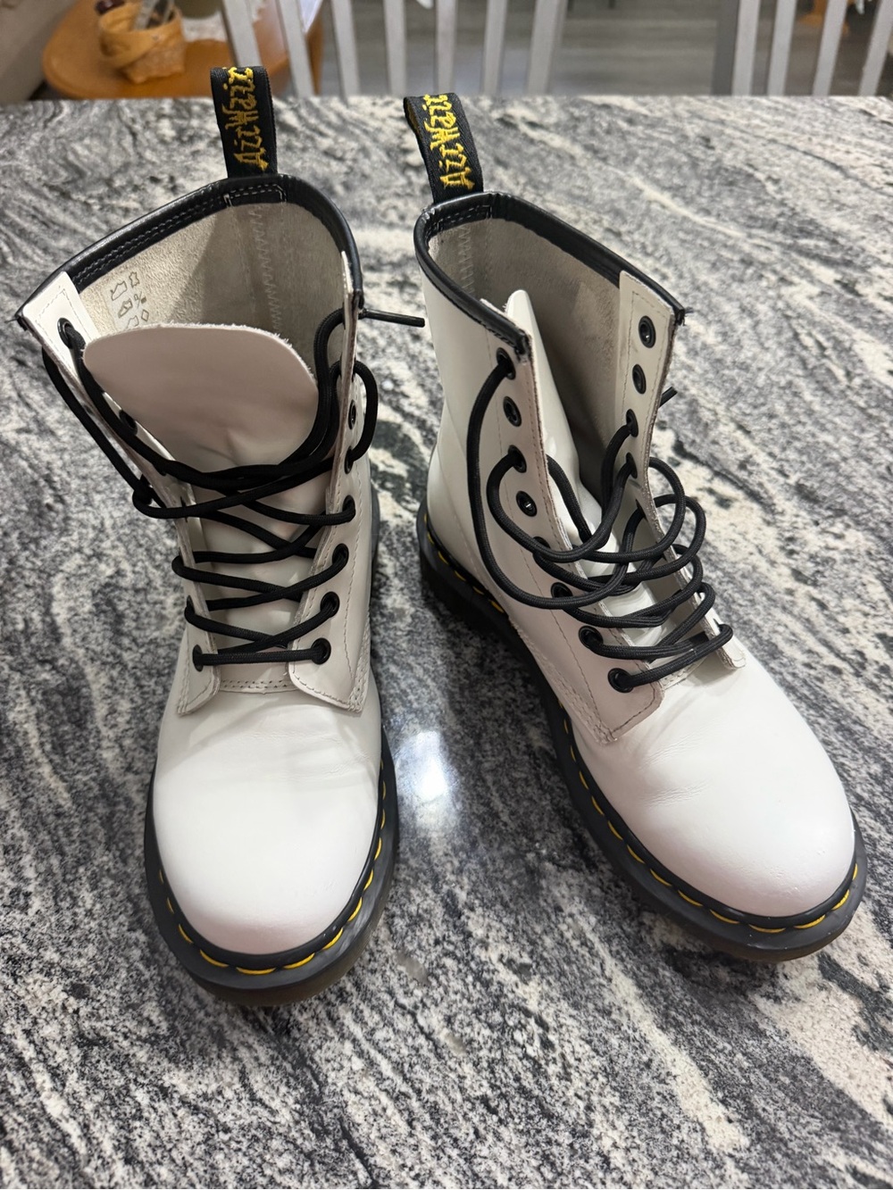 Dr. Martens White Lace-Up Combat Boots with Yellow Stitching Size 7